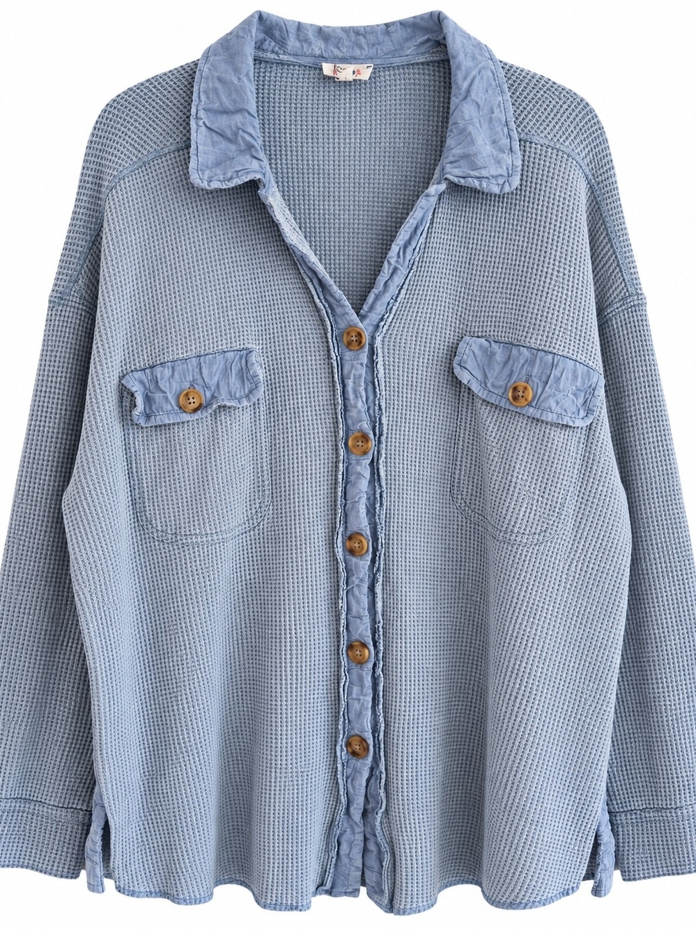 BiBi Blue Waffle Knit Button Down Shacket Jacket Small Boho Oversized